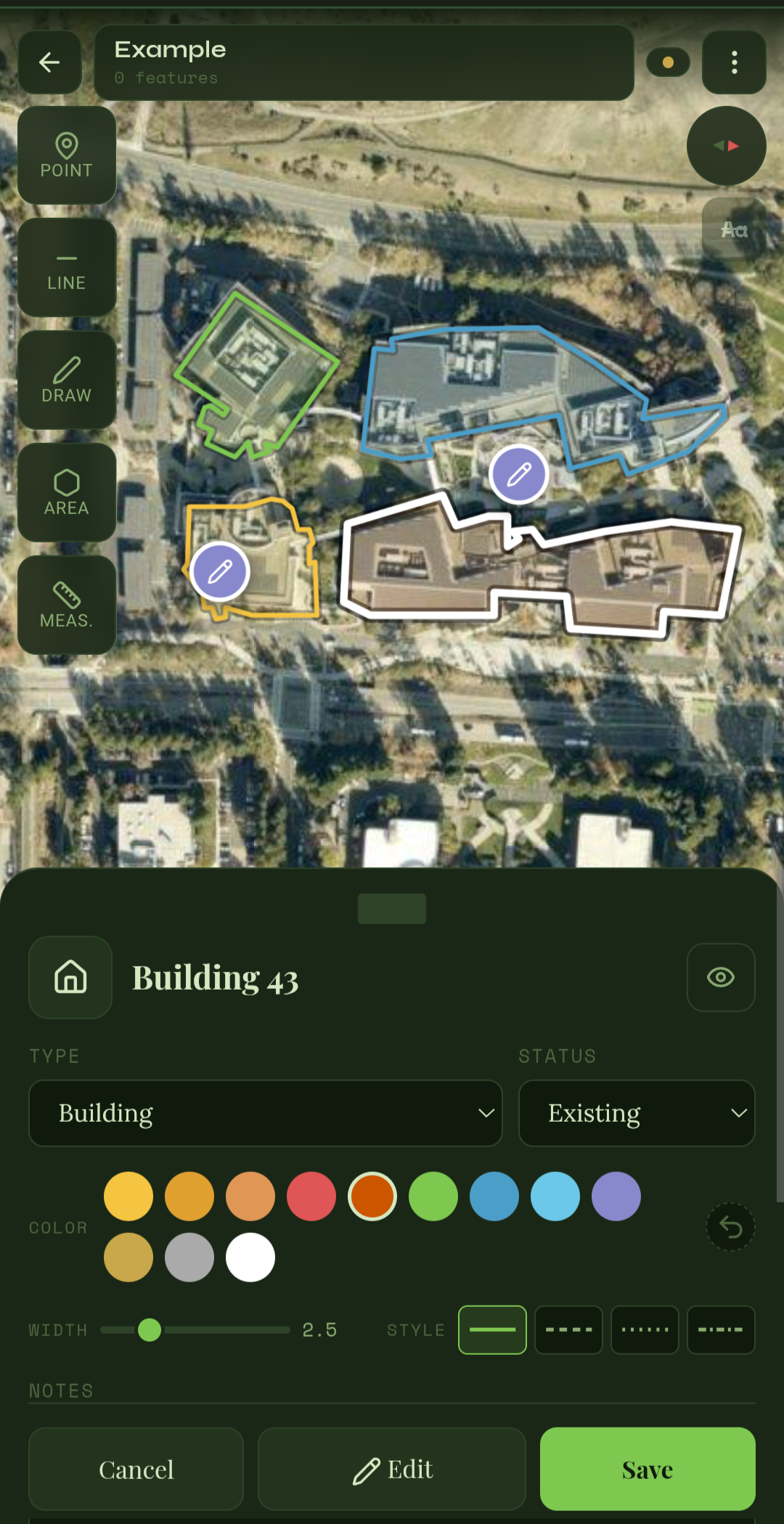 Cairn app showing a mapped property with buildings, boundaries, and features on satellite imagery